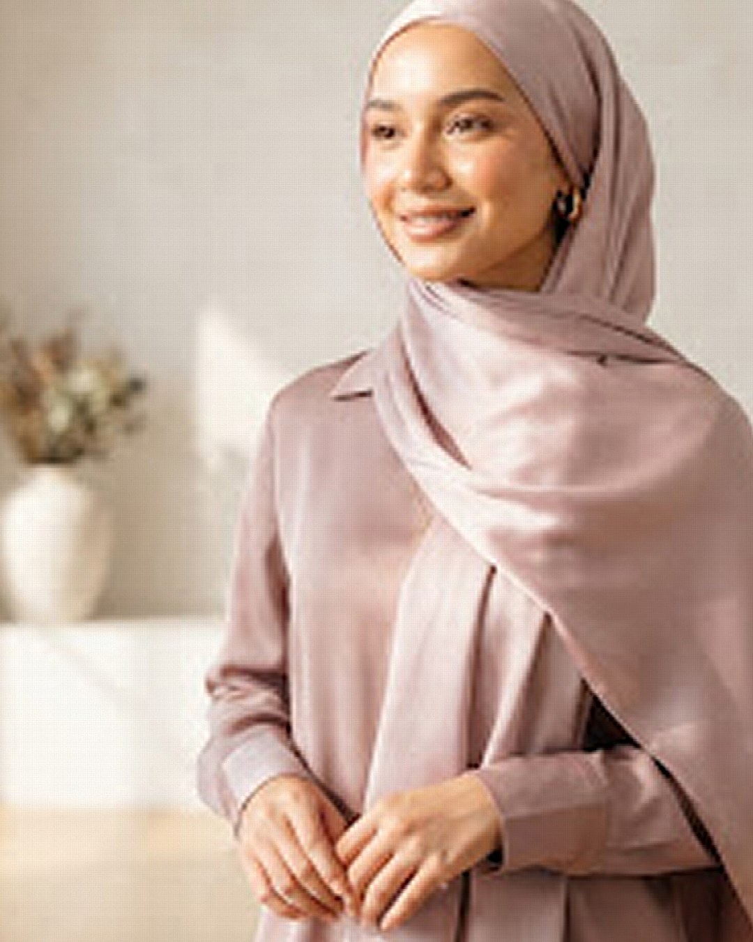 Muslimah mengenakan hijab satin berwarna dusty pink